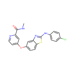 CNC(=O)c1cc(Oc2ccc3sc(Nc4ccc(Cl)cc4)nc3c2)ccn1 ZINC000071341635