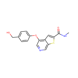 CNC(=O)c1cc2c(Oc3ccc(CO)cc3)cncc2s1 ZINC000013864447