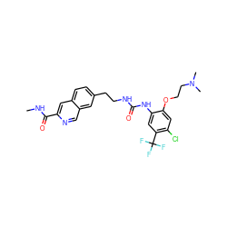 CNC(=O)c1cc2ccc(CCNC(=O)Nc3cc(C(F)(F)F)c(Cl)cc3OCCN(C)C)cc2cn1 ZINC000071316640