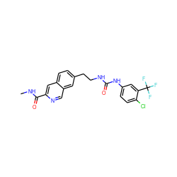 CNC(=O)c1cc2ccc(CCNC(=O)Nc3ccc(Cl)c(C(F)(F)F)c3)cc2cn1 ZINC000071331010