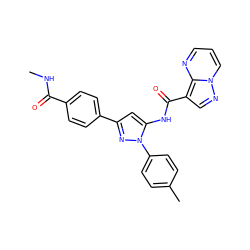 CNC(=O)c1ccc(-c2cc(NC(=O)c3cnn4cccnc34)n(-c3ccc(C)cc3)n2)cc1 ZINC000204762676