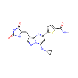 CNC(=O)c1ccc(-c2cc(NC3CC3)n3ncc(/C=C4\NC(=O)NC4=O)c3n2)s1 ZINC000144846883