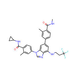 CNC(=O)c1ccc(-c2cc(NCCC(F)(F)F)c3ncn(-c4ccc(C(=O)NC5CC5)c(C)c4)c3c2)cc1C ZINC000147630929