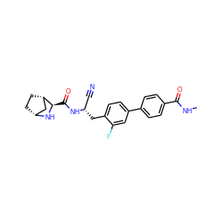 CNC(=O)c1ccc(-c2ccc(C[C@@H](C#N)NC(=O)[C@H]3N[C@@H]4CC[C@H]3C4)c(F)c2)cc1 ZINC000220831308