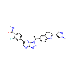 CNC(=O)c1ccc(-c2cnc3nnn([C@@H](C)c4ccc5nc(-c6cnn(C)c6)ccc5c4)c3n2)cc1F ZINC001772576588