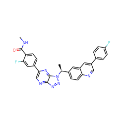 CNC(=O)c1ccc(-c2cnc3nnn([C@@H](C)c4ccc5ncc(-c6ccc(F)cc6)cc5c4)c3n2)cc1F ZINC001772614248