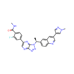 CNC(=O)c1ccc(-c2cnc3nnn([C@@H](C)c4ccc5ncc(-c6cnn(C)c6)cc5c4)c3n2)cc1F ZINC001772643372