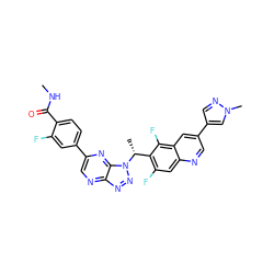 CNC(=O)c1ccc(-c2cnc3nnn([C@H](C)c4c(F)cc5ncc(-c6cnn(C)c6)cc5c4F)c3n2)cc1F ZINC001772640585