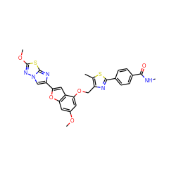 CNC(=O)c1ccc(-c2nc(COc3cc(OC)cc4oc(-c5cn6nc(OC)sc6n5)cc34)c(C)s2)cc1 ZINC000205683180