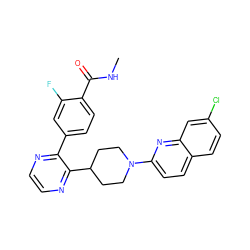 CNC(=O)c1ccc(-c2nccnc2C2CCN(c3ccc4ccc(Cl)cc4n3)CC2)cc1F ZINC000169701450