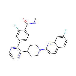 CNC(=O)c1ccc(-c2nccnc2C2CCN(c3ccc4ccc(F)cc4n3)CC2)cc1F ZINC000169701451