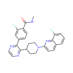 CNC(=O)c1ccc(-c2nccnc2C2CCN(c3ccc4cccc(F)c4n3)CC2)cc1F ZINC000169701454