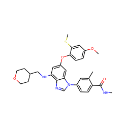 CNC(=O)c1ccc(-n2cnc3c(NCC4CCOCC4)cc(Oc4ccc(OC)cc4SC)cc32)cc1C ZINC000147565409