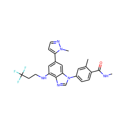 CNC(=O)c1ccc(-n2cnc3c(NCCC(F)(F)F)cc(-c4ccnn4C)cc32)cc1C ZINC000147627285