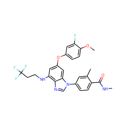 CNC(=O)c1ccc(-n2cnc3c(NCCC(F)(F)F)cc(Oc4ccc(OC)c(F)c4)cc32)cc1C ZINC000147641145