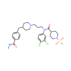 CNC(=O)c1ccc(CC2CCN(CCCN(C(=O)C3CCN(S(C)(=O)=O)CC3)c3ccc(Cl)c(Cl)c3)CC2)cc1 ZINC000038156564