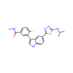 CNC(=O)c1ccc(F)c(-c2c[nH]c3ccc(-c4nnc(NC(C)C)o4)cc23)c1 ZINC000204756792