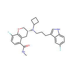 CNC(=O)c1ccc(F)c2c1C[C@@H](N(CCCc1c[nH]c3ccc(F)cc13)C1CCC1)CO2 ZINC000040943314