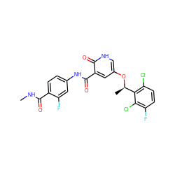 CNC(=O)c1ccc(NC(=O)c2cc(O[C@H](C)c3c(Cl)ccc(F)c3Cl)c[nH]c2=O)cc1F ZINC000096258145