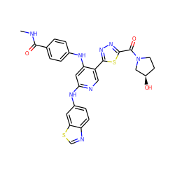 CNC(=O)c1ccc(Nc2cc(Nc3ccc4ncsc4c3)ncc2-c2nnc(C(=O)N3CC[C@@H](O)C3)s2)cc1 ZINC000205183354