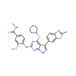 CNC(=O)c1ccc(Nc2nc(OC3CCCC3)c3c(-c4ccc5nc(C)oc5c4)c[nH]c3n2)c(OC)c1 ZINC000936069045