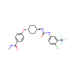 CNC(=O)c1ccc(O[C@H]2CC[C@H](NC(=O)Nc3ccc(Cl)c(C(F)(F)F)c3)CC2)cc1 ZINC000261186123