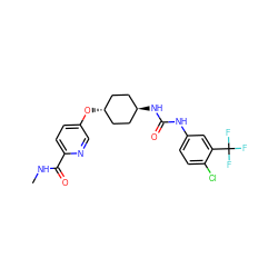 CNC(=O)c1ccc(O[C@H]2CC[C@H](NC(=O)Nc3ccc(Cl)c(C(F)(F)F)c3)CC2)cn1 ZINC000261187263