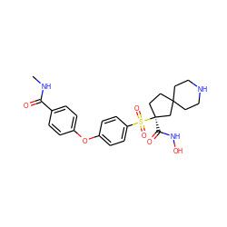 CNC(=O)c1ccc(Oc2ccc(S(=O)(=O)[C@@]3(C(=O)NO)CCC4(CCNCC4)C3)cc2)cc1 ZINC000211183477