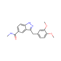 CNC(=O)c1ccc2[nH]nc(Cc3ccc(OC)c(OC)c3)c2c1 ZINC000584617616