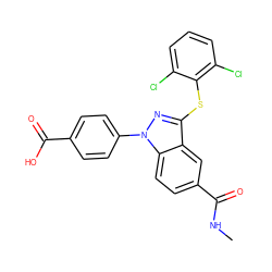 CNC(=O)c1ccc2c(c1)c(Sc1c(Cl)cccc1Cl)nn2-c1ccc(C(=O)O)cc1 ZINC001772593159