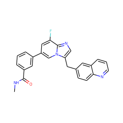 CNC(=O)c1cccc(-c2cc(F)c3ncc(Cc4ccc5ncccc5c4)n3c2)c1 ZINC000205316293