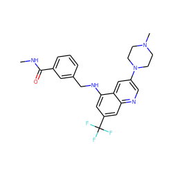 CNC(=O)c1cccc(CNc2cc(C(F)(F)F)cc3ncc(N4CCN(C)CC4)cc23)c1 ZINC000169329645