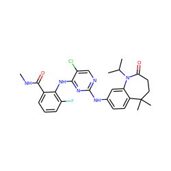 CNC(=O)c1cccc(F)c1Nc1nc(Nc2ccc3c(c2)N(C(C)C)C(=O)CCC3(C)C)ncc1Cl ZINC000066262257