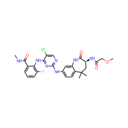 CNC(=O)c1cccc(F)c1Nc1nc(Nc2ccc3c(c2)NC(=O)[C@@H](NC(=O)COC)CC3(C)C)ncc1Cl ZINC000073158650