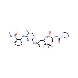 CNC(=O)c1cccc(F)c1Nc1nc(Nc2ccc3c(c2)NC(=O)[C@H](NC(=O)N2CCCC2)CC3(C)C)ncc1Cl ZINC000073142346