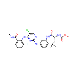 CNC(=O)c1cccc(F)c1Nc1nc(Nc2ccc3c(c2)NC(=O)[C@H](NC(=O)OC)CC3(C)C)ncc1Cl ZINC000073195759