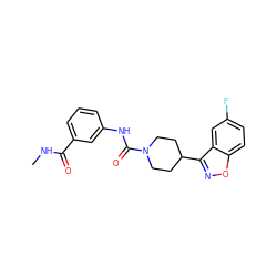 CNC(=O)c1cccc(NC(=O)N2CCC(c3noc4ccc(F)cc34)CC2)c1 ZINC000225010546