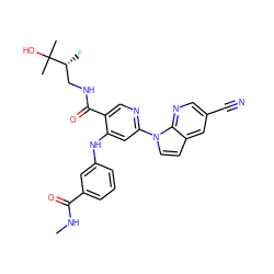 CNC(=O)c1cccc(Nc2cc(-n3ccc4cc(C#N)cnc43)ncc2C(=O)NC[C@@H](F)C(C)(C)O)c1 ZINC001772579652