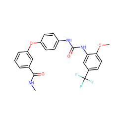 CNC(=O)c1cccc(Oc2ccc(NC(=O)Nc3cc(C(F)(F)F)ccc3OC)cc2)c1 ZINC000013589532