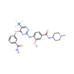 CNC(=O)c1cccc(Oc2nc(Nc3ccc(C(=O)NC4CCN(C)CC4)cc3OC)ncc2C(F)(F)F)c1 ZINC000148446350