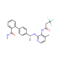 CNC(=O)c1ccccc1-c1ccc([C@@H](C)Nc2nccc(C)c2NC(=O)CC(F)(F)F)cc1 ZINC000028524372