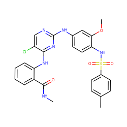 CNC(=O)c1ccccc1Nc1nc(Nc2ccc(NS(=O)(=O)c3ccc(C)cc3)c(OC)c2)ncc1Cl ZINC001772581965