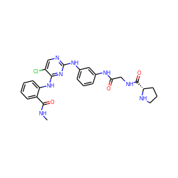 CNC(=O)c1ccccc1Nc1nc(Nc2cccc(NC(=O)CNC(=O)[C@@H]3CCCN3)c2)ncc1Cl ZINC000299837013