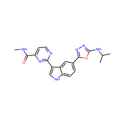 CNC(=O)c1ccnc(-c2c[nH]c3ccc(-c4nnc(NC(C)C)o4)cc23)n1 ZINC000145428403