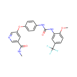 CNC(=O)c1cncc(Oc2ccc(NC(=O)Nc3cc(C(F)(F)F)ccc3OC)cc2)c1 ZINC000013589537