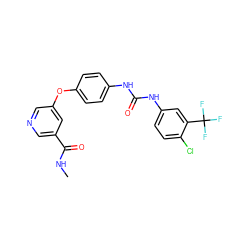 CNC(=O)c1cncc(Oc2ccc(NC(=O)Nc3ccc(Cl)c(C(F)(F)F)c3)cc2)c1 ZINC000013589531