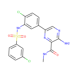 CNC(=O)c1nc(-c2ccc(Cl)c(NS(=O)(=O)c3cccc(Cl)c3)c2)cnc1N ZINC000095572988