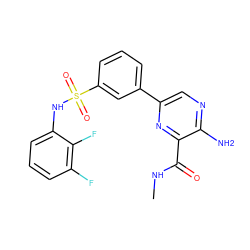 CNC(=O)c1nc(-c2cccc(S(=O)(=O)Nc3cccc(F)c3F)c2)cnc1N ZINC000095573000