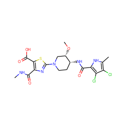 CNC(=O)c1nc(N2CC[C@@H](NC(=O)c3[nH]c(C)c(Cl)c3Cl)[C@@H](OC)C2)sc1C(=O)O ZINC000136319965