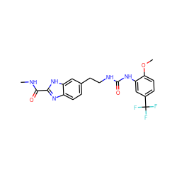 CNC(=O)c1nc2ccc(CCNC(=O)Nc3cc(C(F)(F)F)ccc3OC)cc2[nH]1 ZINC000071329651